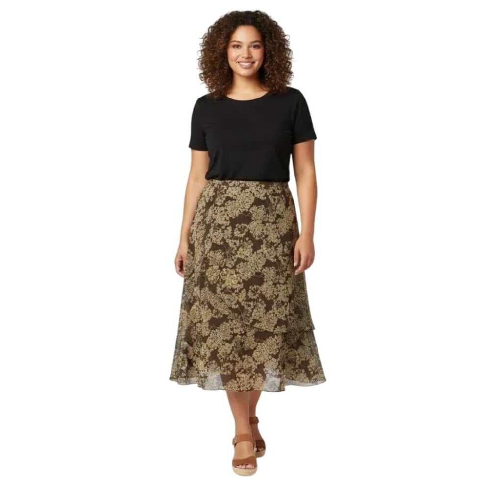Cato Woman Brown Beige Floral Layered Wrap Style Chiffon Maxi Skirt Size 18/20W - Picture 1 of 10